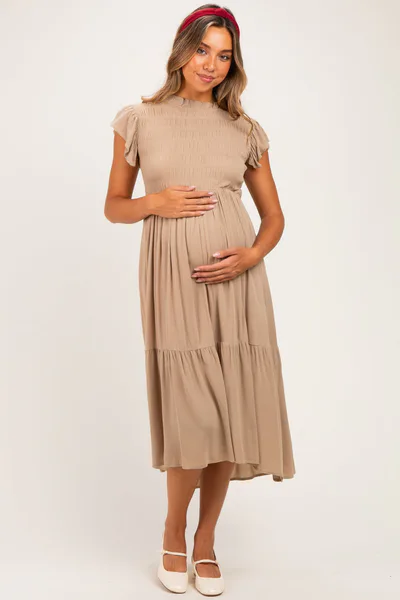 PinkBlush Mocha Mock Neck Flutter Sleeve Smocked Maternity Maxi Dress