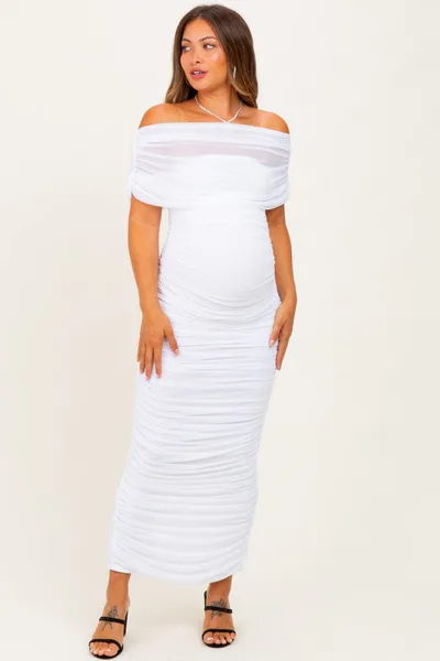 PinkBlush White Ruched Mesh Foldover Off Shoulder Maternity Maxi Dress