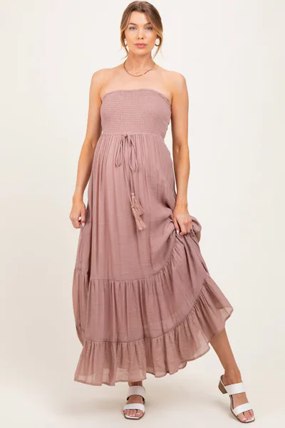 PinkBlush Mauve Smocked Strapless Front Tie Maternity Maxi Dress