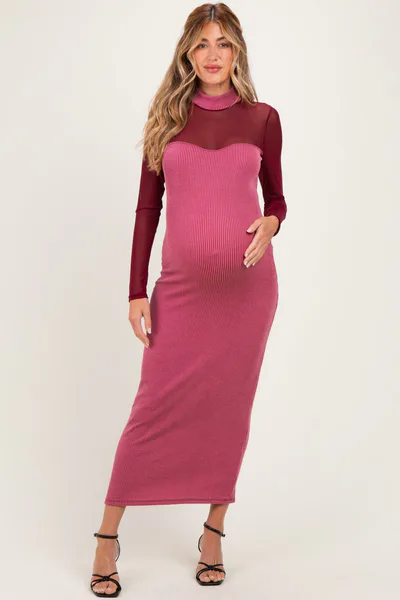 PinkBlush Dark Mauve Ribbed Knit Mock Neck Long Sleeve Maternity Maxi Dress