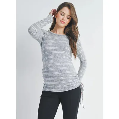 Target Hello Miz Women's Striped Long Sleeve Side Ruched Maternity Top - Heather Grey - Small