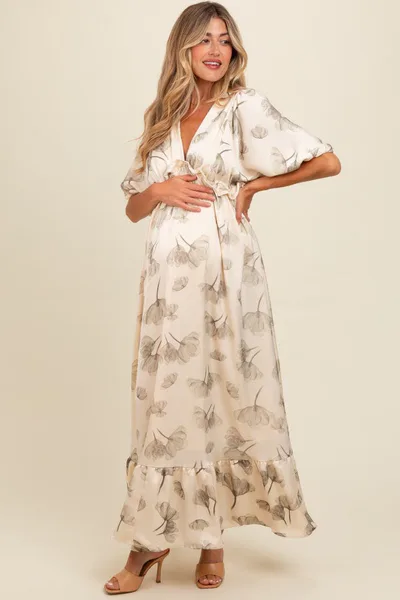 PinkBlush Cream Floral Chiffon Ruffle Accent Maternity Maxi Dress