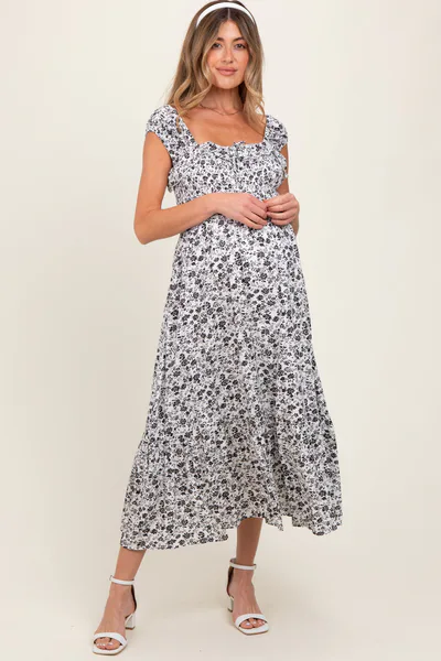 PinkBlush White Floral Smocked Ruffle Detail Maternity Midi Dress