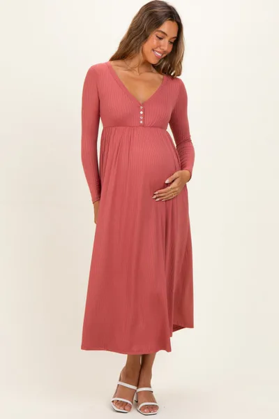 PinkBlush Mauve Ribbed Knit Long Sleeve Maternity Maxi Dress