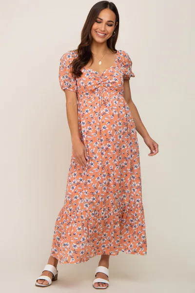PinkBlush Coral Floral Sweetheart Drawstring Neck Short Sleeve Maternity Midi Dress