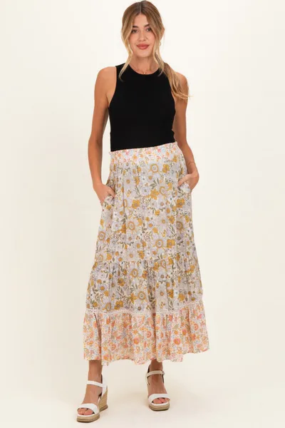 PinkBlush Lemon Mixed Floral Smocked Waist Maternity Maxi Skirt