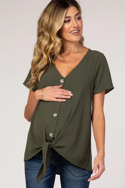 PinkBlush Light Olive Button Tie Front Maternity Top