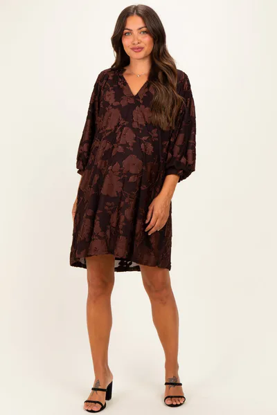 PinkBlush Brown Floral Velvet Maternity Dress