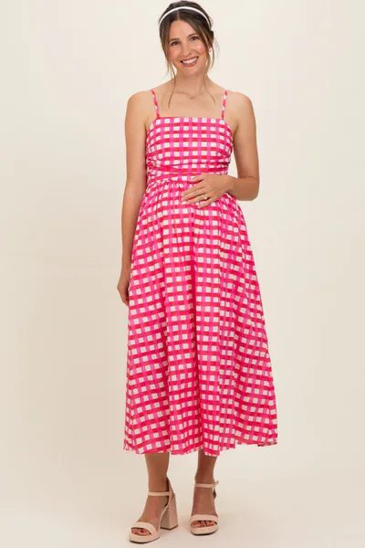 PinkBlush Hot Pink Gingham Maternity Midi Dress
