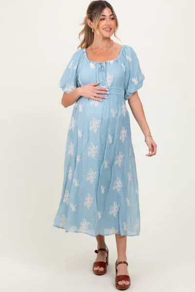 PinkBlush Light Blue Floral Embroidered Puff Sleeve Maternity Midi Dress