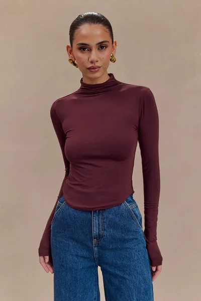 MESHKI Ember Modal Long Sleeve High Neck Top - Mahogany