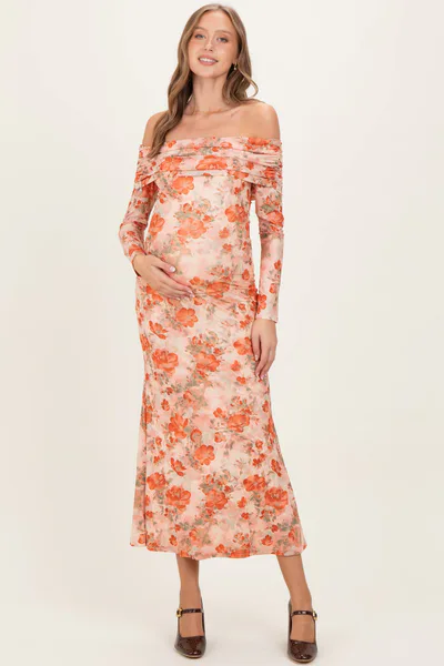 PinkBlush Light Pink Rose Floral Off Shoulder Maternity Maxi Dress