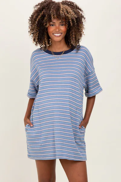 PinkBlush Blue Stripe Knit Short Sleeve Maternity T-Shirt Dress