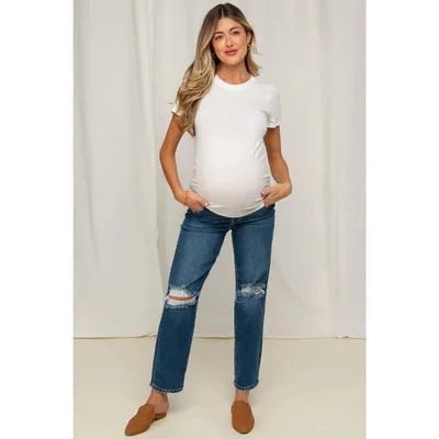 Target PinkBlush Navy Blue Distressed Open Knee Cropped Maternity Straight Leg Jeans Navy Blue 26