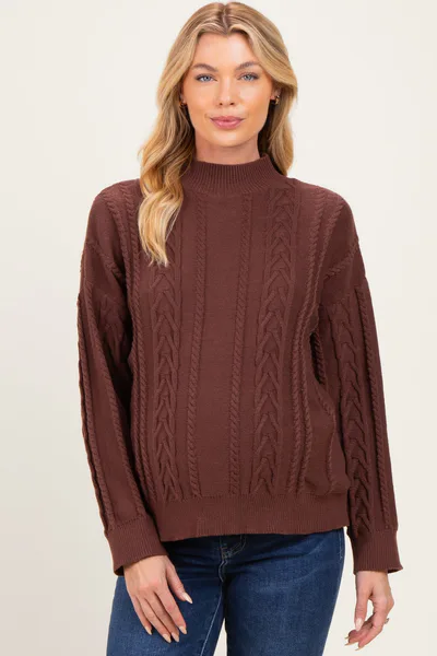 PinkBlush Brown Oversized Cable Knit Maternity Sweater