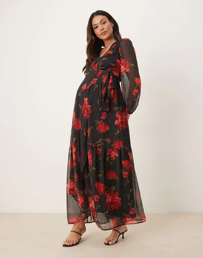 ASOS Hope & Ivy Maternity wrap front maxi dress in black and red floral