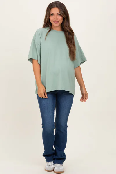 PinkBlush Light Sage Crew Neck Short Sleeve Oversized Maternity T-Shirt