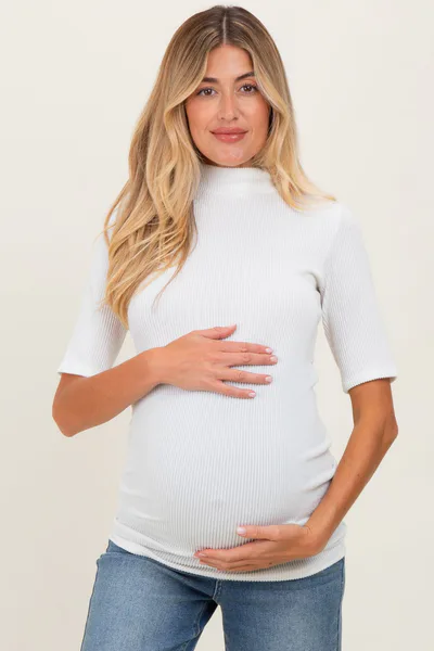 PinkBlush White Soft Brushed Knit Mock Neck Maternity Top