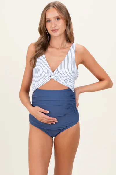 PinkBlush Ivory Striped Color Block Cutout Maternity Swimsuit
