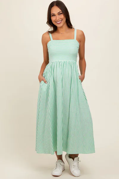 PinkBlush Green Striped Square Neck Open Back Sleeveless Maternity Midi Dress