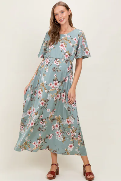 PinkBlush Light Olive Floral Flutter Sleeve Maternity Maxi Dress