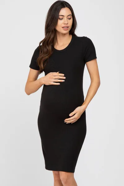 PinkBlush Black Ribbed Fitted Maternity Dress