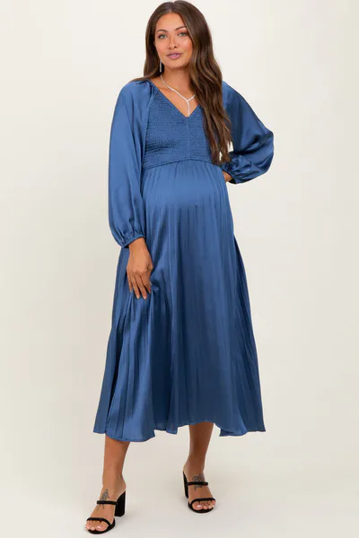 PinkBlush Blue Satin Smocked Pleated Maternity Midi Dress