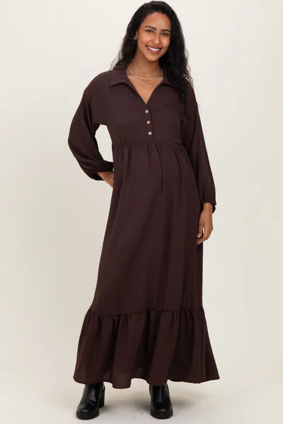 PinkBlush Brown Solid Long Sleeve Button Down Tiered Collared Maternity Dress