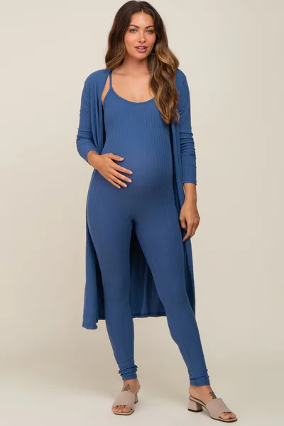 PinkBlush Blue Ribbed Maternity Jumpsuit Set