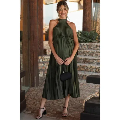Target Pinkblush Olive Pleated Maternity Halter Dress Large