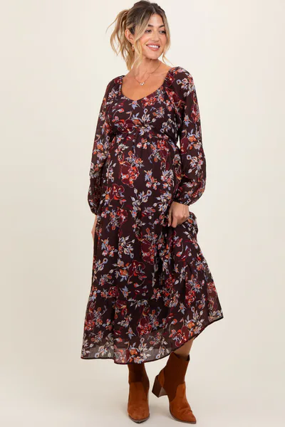 PinkBlush Brown Floral V-Neck Bubble Sleeve Maternity Maxi Dress