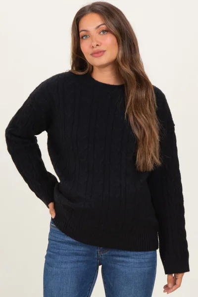 PinkBlush Black Braid Knit Pattern Soft Fluffy Maternity Sweater Top