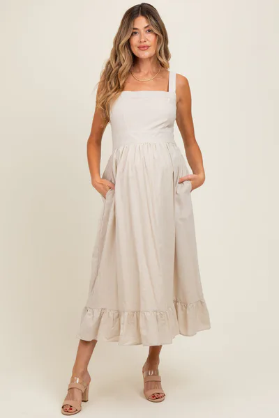 PinkBlush Beige Striped Cotton Sleeveless Maternity Dress