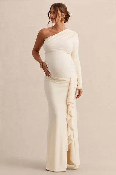 Club L London Drusilla | Cream Asymmetric-Neck Maternity Maxi Dress With Gathered Detailing