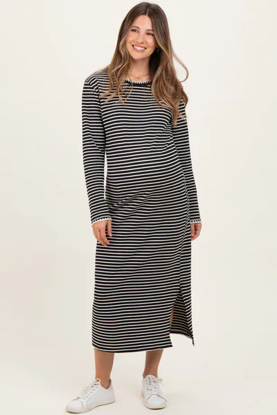 PinkBlush Black Striped Stitch Detail Long Sleeve Maternity Midi Dress