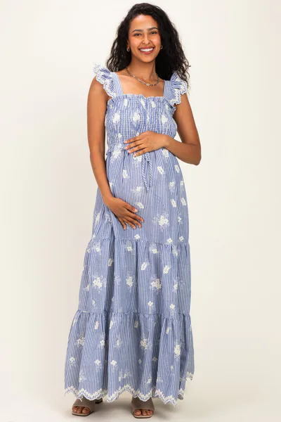 PinkBlush Blue Striped Embroidered Smocked Maternity Maxi Dress