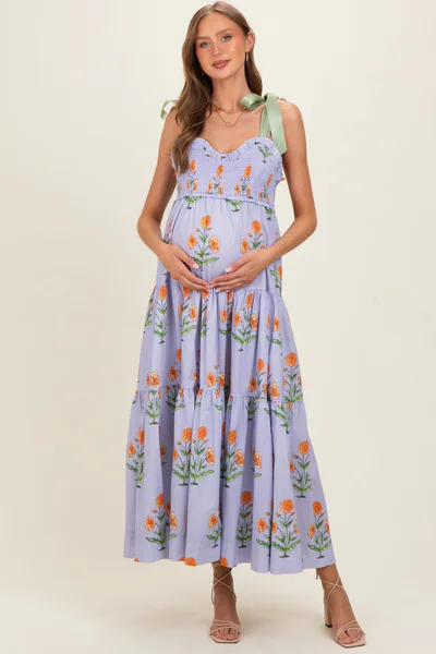 PinkBlush Lavender Floral Sweetheart Neckline Smocked Maternity Maxi Dress