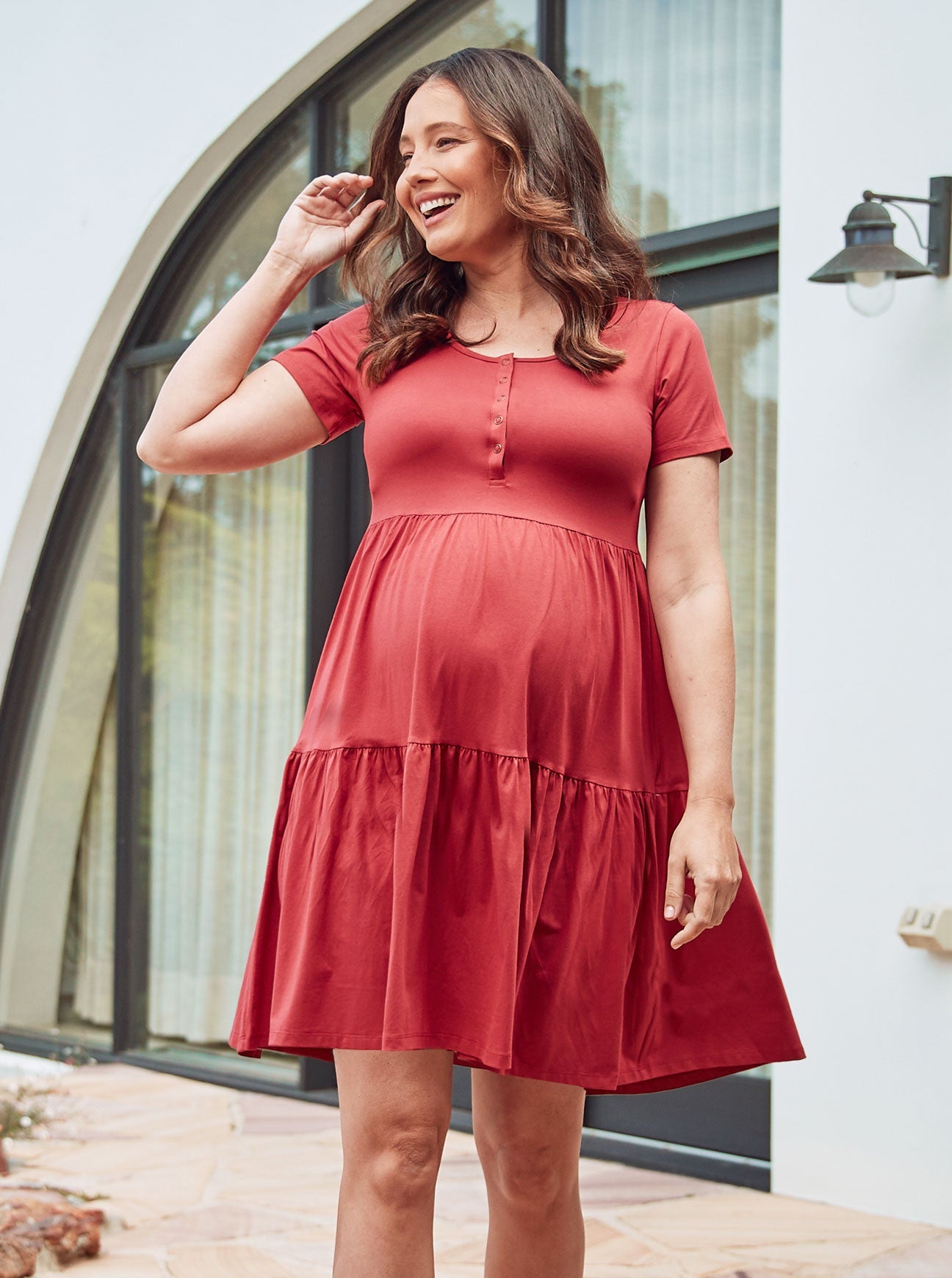 Angel Maternity Lana Maternity Tiered Dress in Desert Red