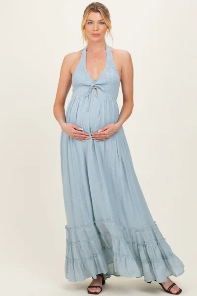 PinkBlush Light Blue Halter Neck Smocked Maternity Maxi Dress