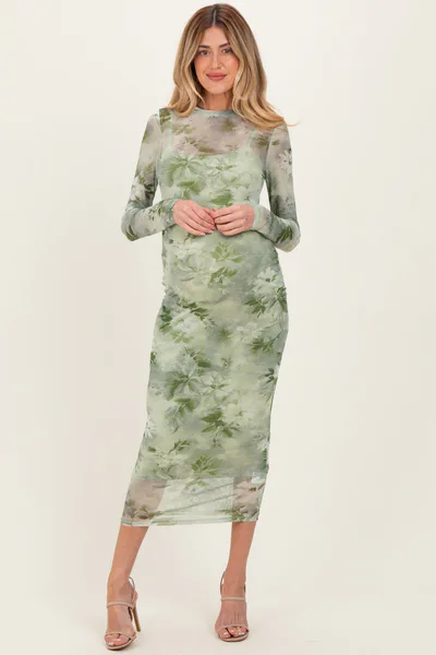 PinkBlush Light Olive Floral Mesh Overlay Maternity Maxi Dress