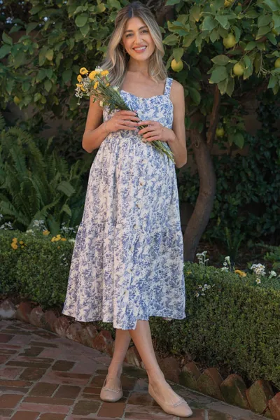 PinkBlush Blue Floral Button Down Tiered Maternity Dress