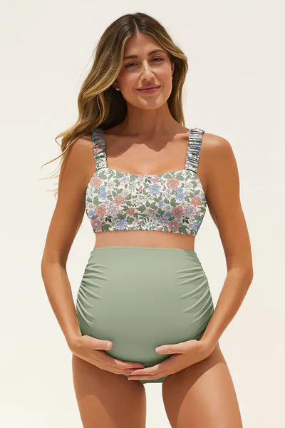Summer Mae Ribbed High-Waist Maternity Bikini Set with Supportive Crop Top