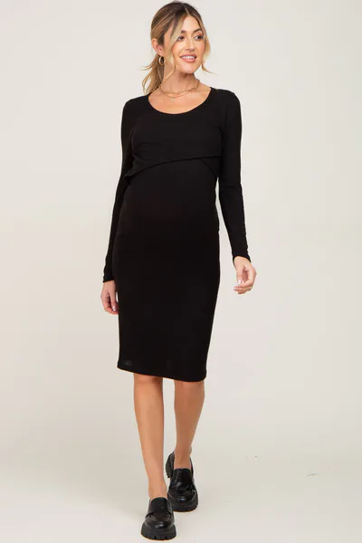 PinkBlush Black Brushed Knit Long Sleeve Maternity Wrap Nursing Dress