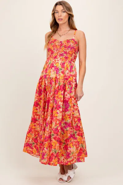 PinkBlush Coral Floral Textured Smocked Maternity Maxi Dress