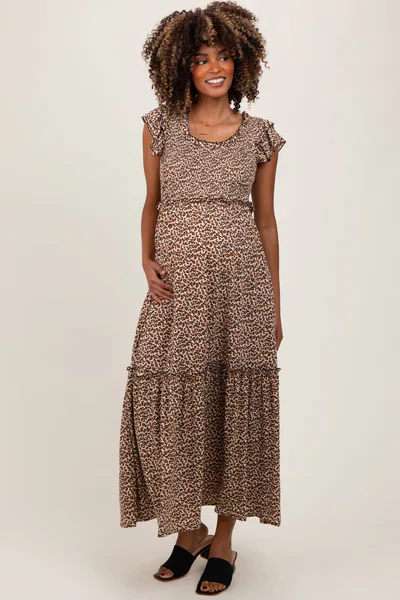 PinkBlush Mocha Leopard Print Ruffle Sleeve Tiered Maternity Maxi Dress