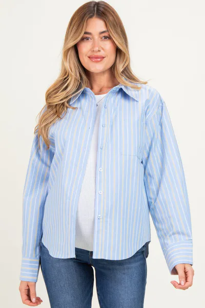 PinkBlush Blue Striped Long Sleeve Button Down Maternity Shirt