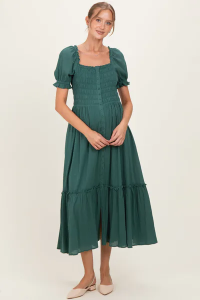 PinkBlush Forest Green Smocked Button Down Maternity Maxi Dress
