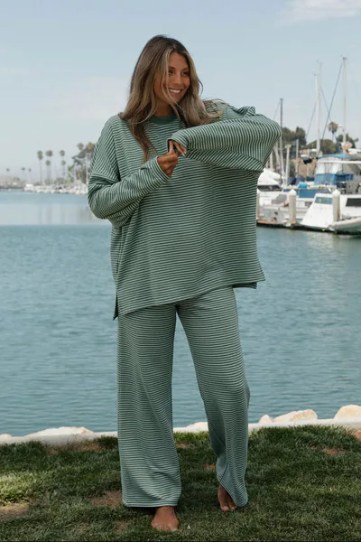 Worth Collective Naomi Striped Oversized Fleece Long Sleeve Top in Sage/Ivory - Bump Friendly
