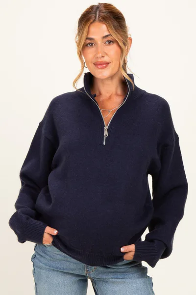 PinkBlush Navy Half Zip Mock Neck Maternity Sweater