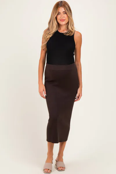 PinkBlush Chocolate Ribbed Sweater Maternity Midi Skirt